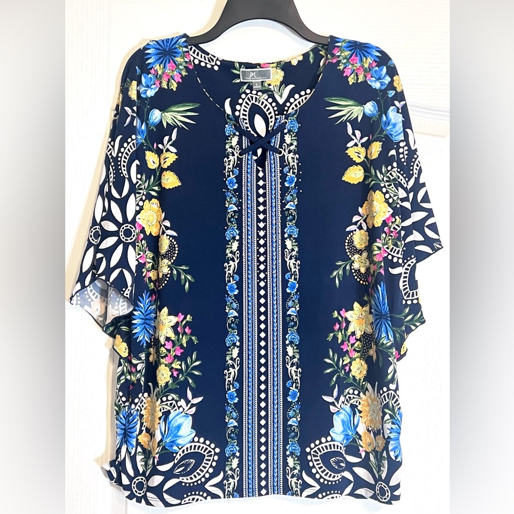 Jm Collection Navy Mixed Print Flutter Short Slee… - image 3